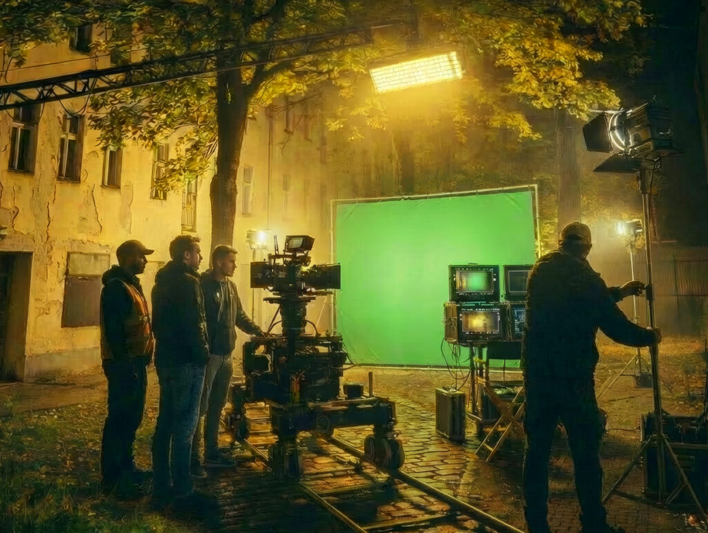 Professional film crew during a night shoot (preview picture).